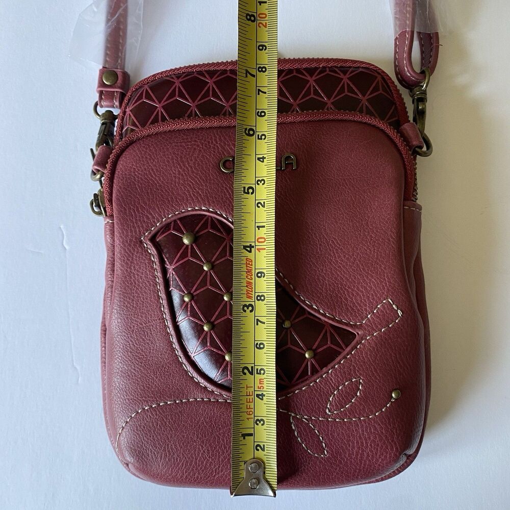 Chala Red Bird RFID Purse Crossbody Oxblood Red Small Travel Bag Long Strap - Picture 12 of 13